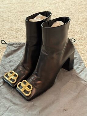 Balenciaga Black Leather Ankle Booties with Gold BB Emblem